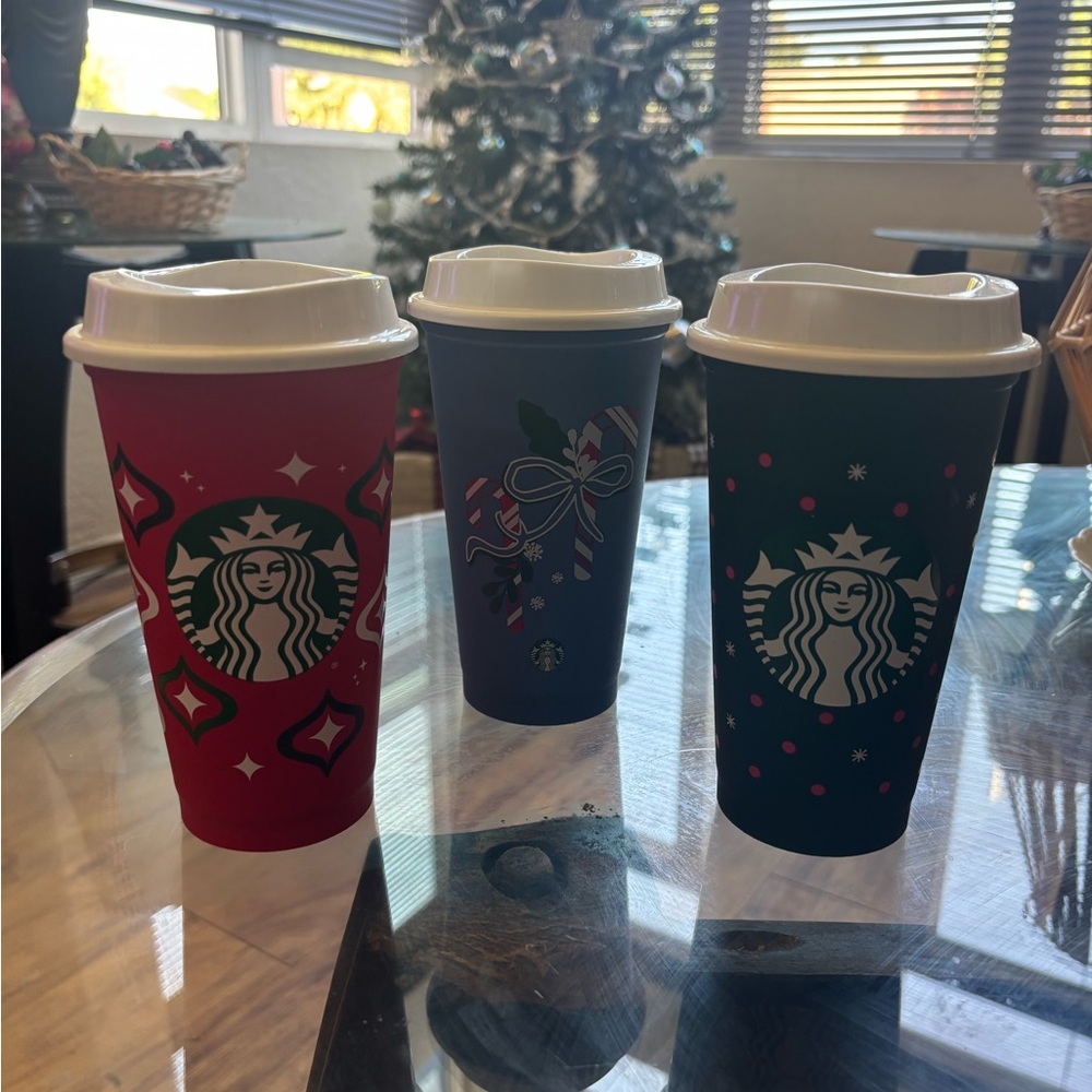 Starbucks Festive Reusable Cup Trio - Red, Blue, Dark Green